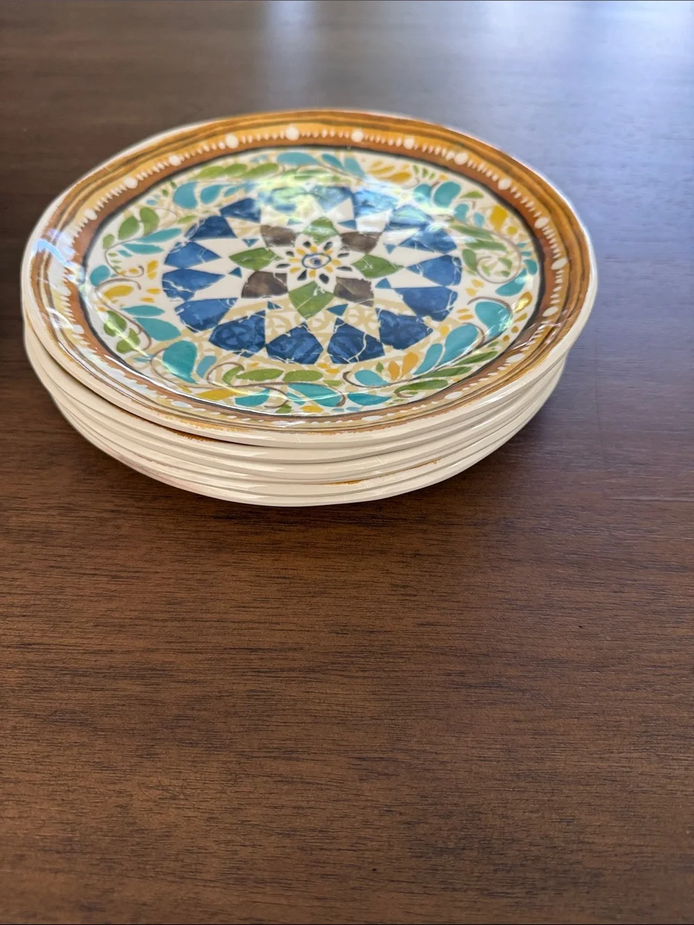 Pottery Barn Melamine Dessert/Salad  Plates in Blue, Green & Gold Set of 6